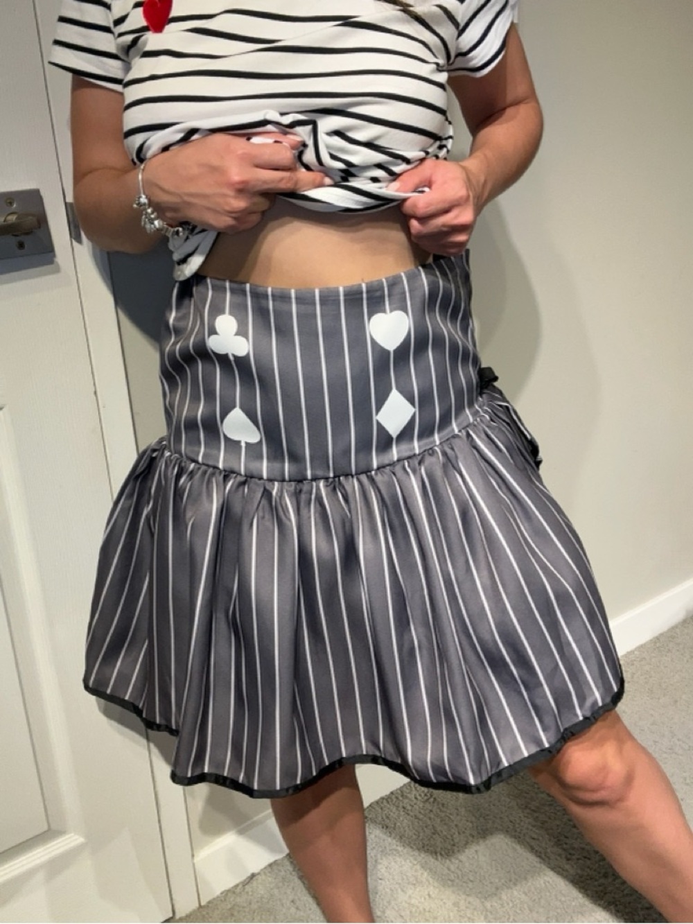 Striped Grey Ruffle Skirt with Card Suit Motif - Women - Picture 2 of 5